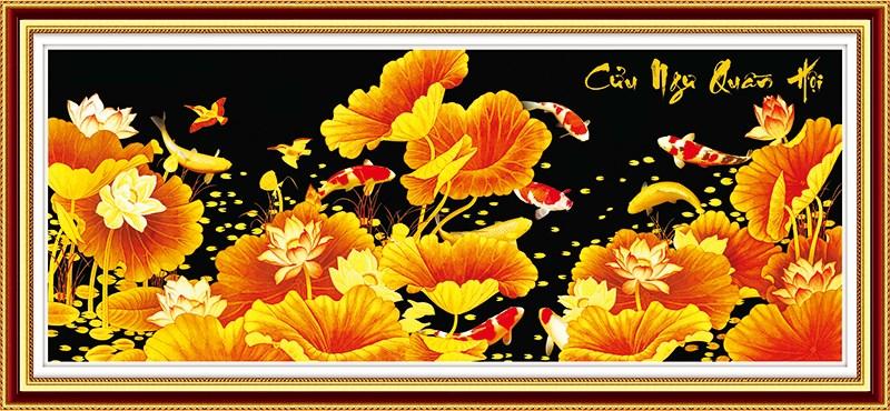Tranh chấm hạt,  đính đá,  chấm đá, tranh cườm cao cấp Venus Cửu Ngư Quần Hội KT175x75cm