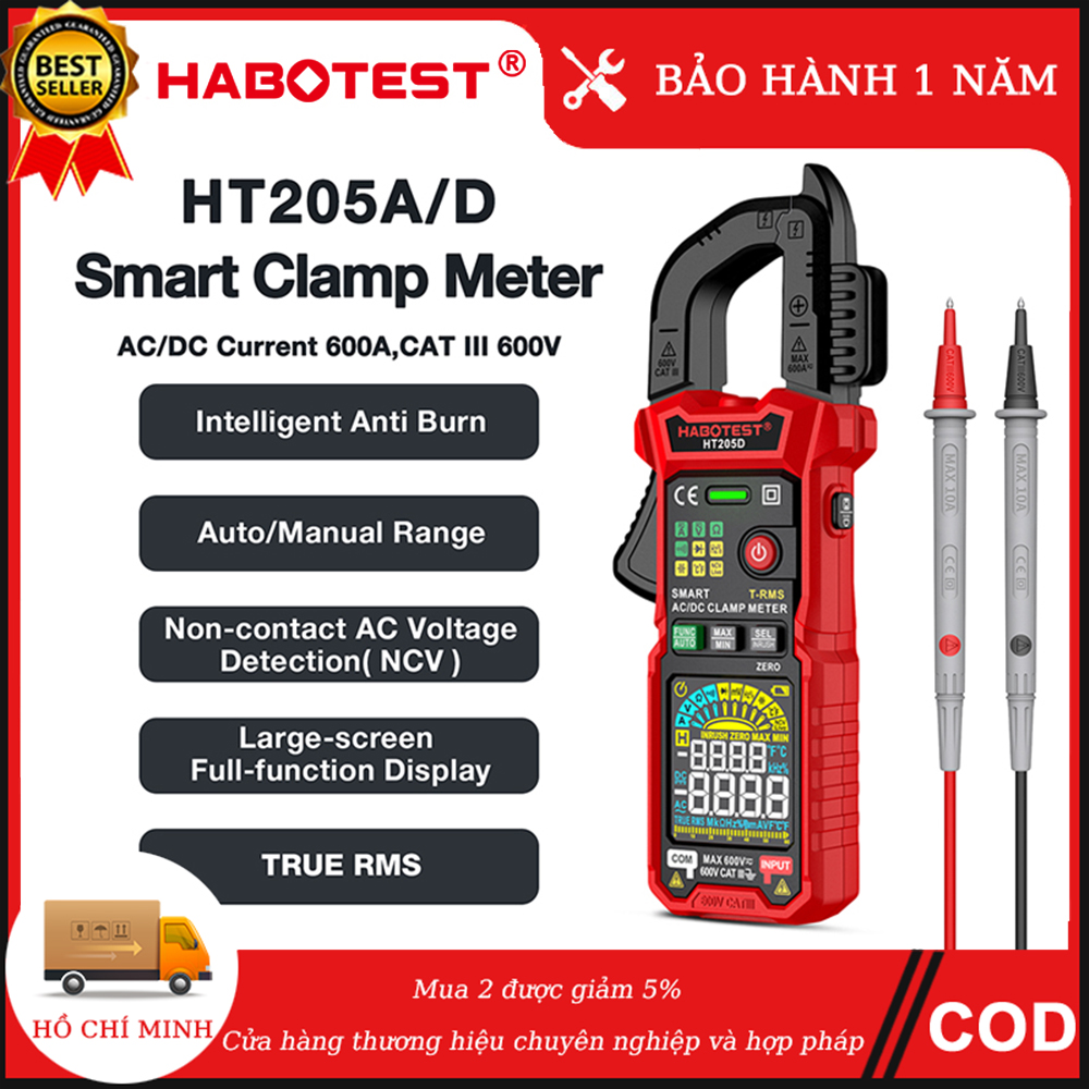 【Ship from Binh Duong HABOTEST HT205 Smart Digital Clamp Meter 6000 Counts NCV Voltage Tester Clamp Ammeter Multimeter AC DC 600mV 6V 60V 600V 60A 600A