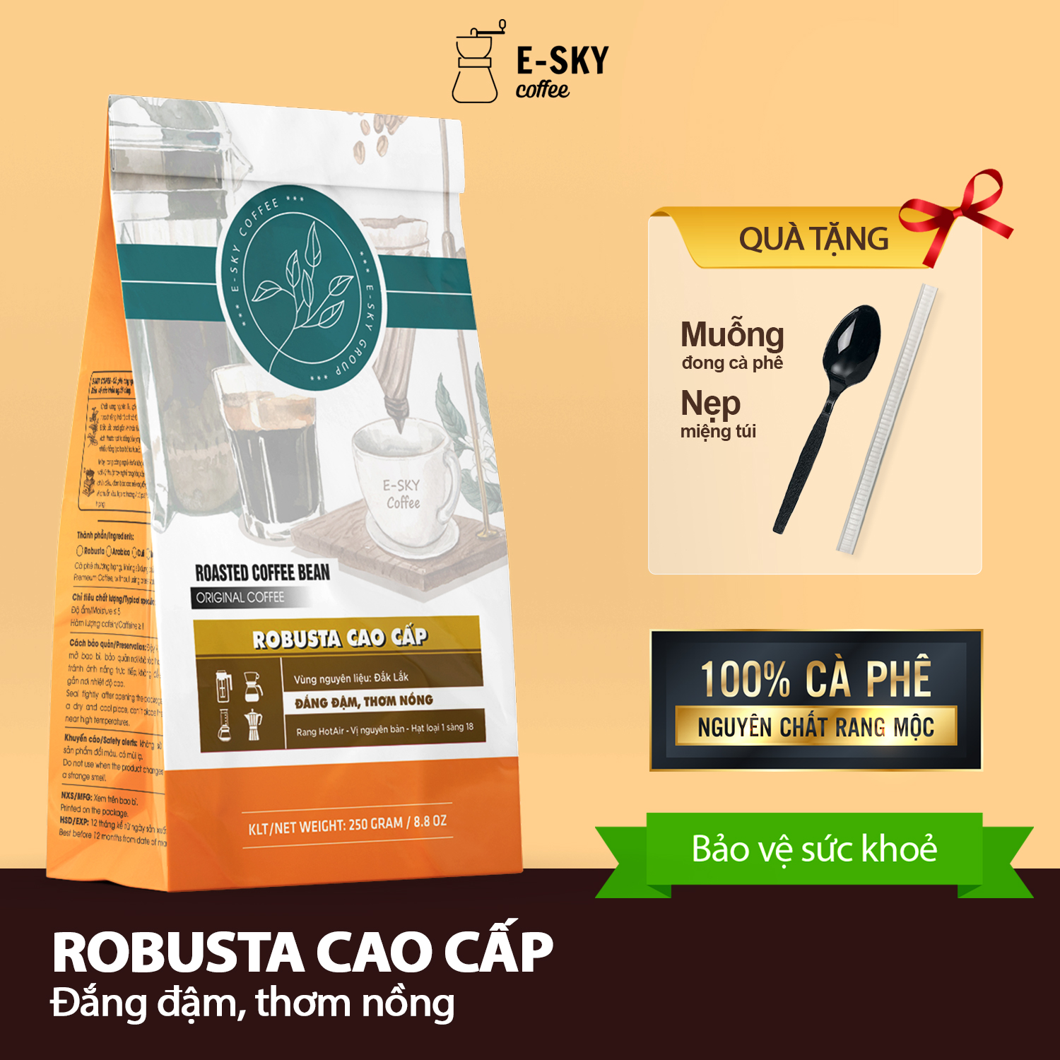 Cà Phê Rang Xay Nguyên Chất Robusta E-sky Coffee Cafe Pha Phin Pha Máy Cold Brew 1kg-2kg