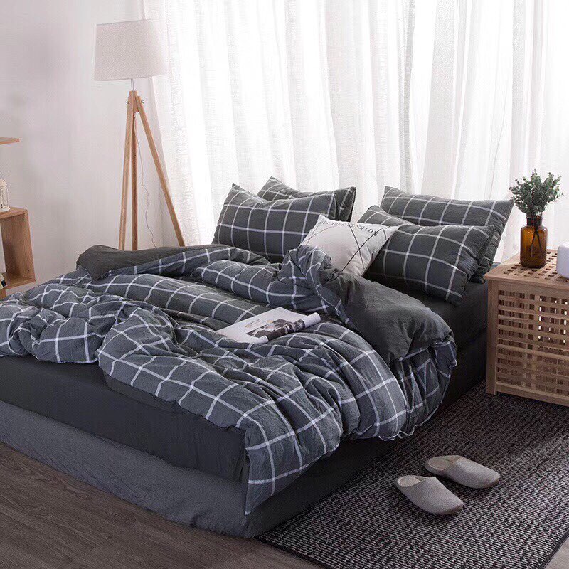 Bộ chăn ga gối kẻ caro chất đũi cao cấp bo chun đủ kích thước