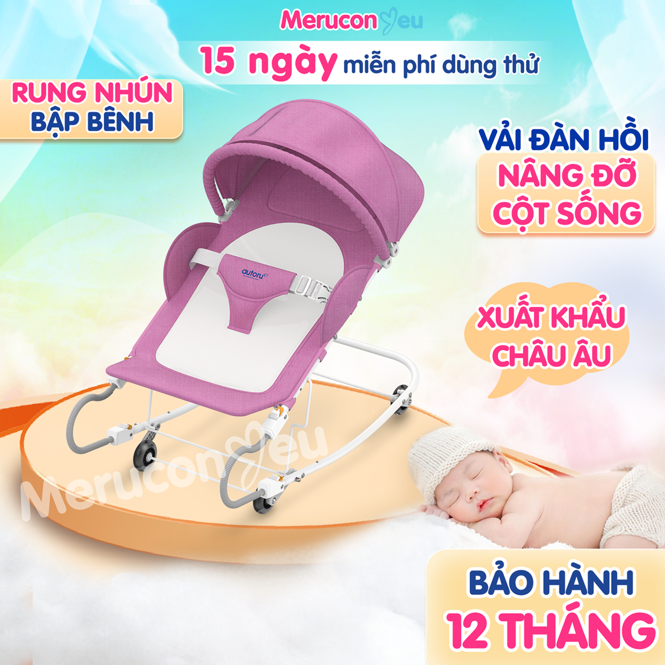 Ghế bập bênh rung nhún F3 Autoru có bánh xe đẩy cho bé sơ sinh, bé ăn bột, ngủ giấc ngắn, xếp gọn dễ dàng