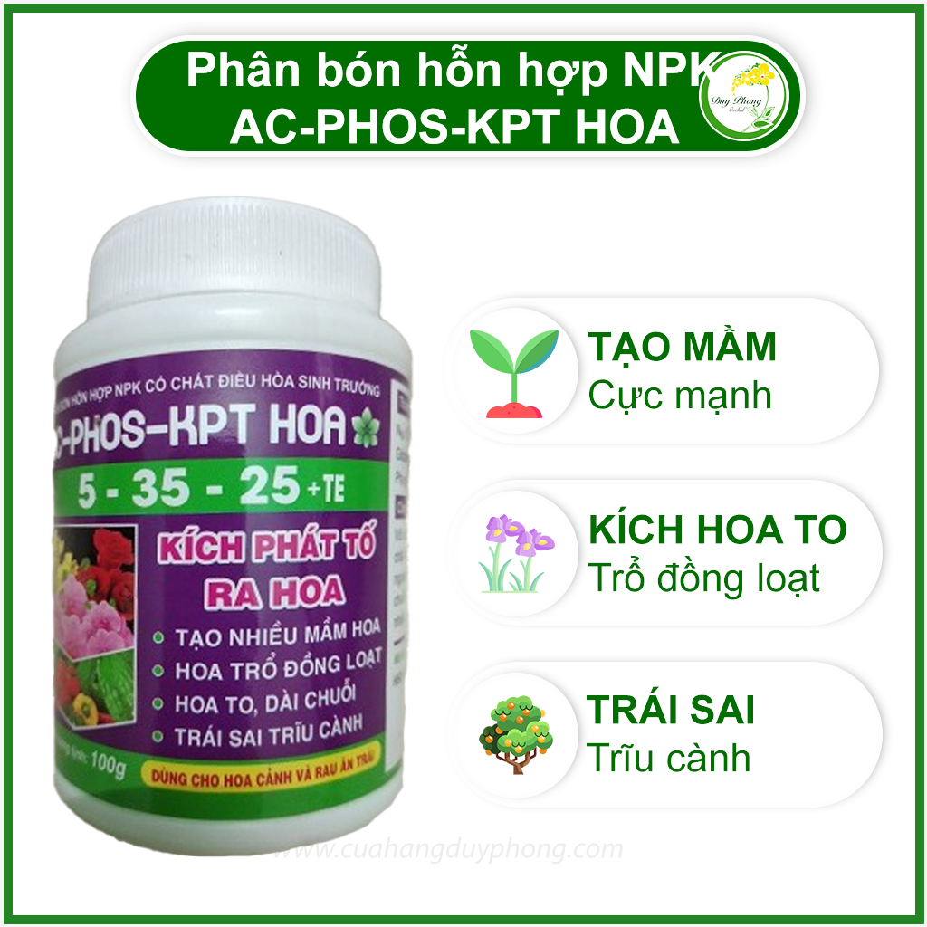 Phân bón kích phát tố ra hoa  AC-PHOS-KPT HOA 5-35-25 +TE - Kích thích ra hoa cực mạnh - Hũ 100g