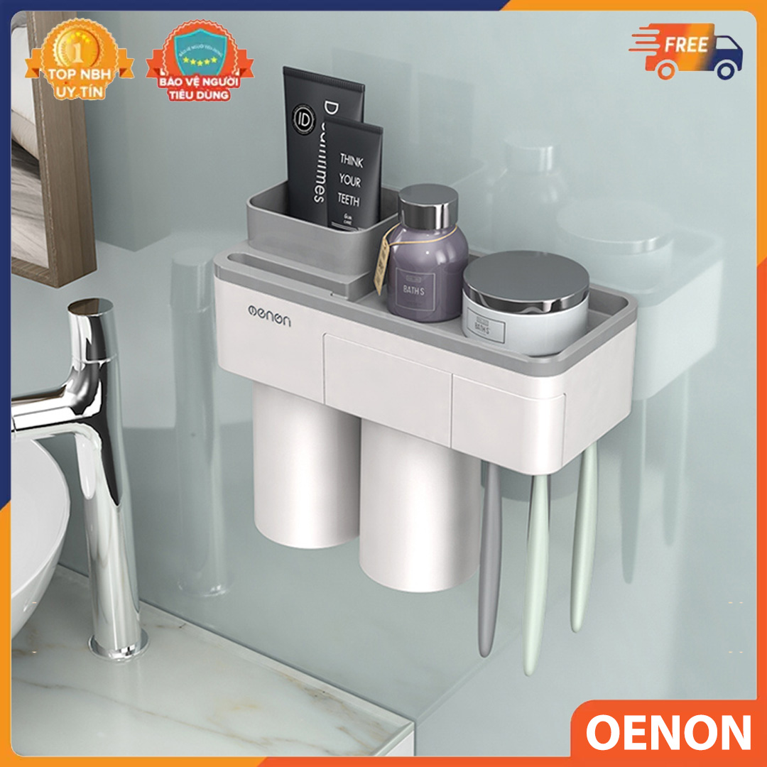 Kệ treo đồ phòng tắm thông minh kèm 2 cốc từ tính kệ dính tường không cần khoan - Oenon