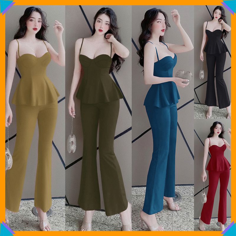 Set đồ nữ sang chảnh đẹp cá tính nguyên bộ áo cúp ngực 2 dây quần dài ống loe dây kéo trước TJ1159