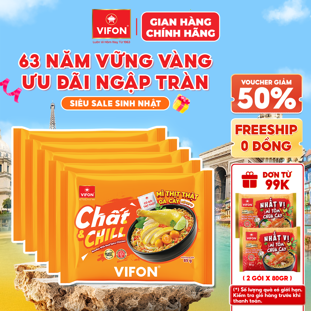 [Voucher 28% đơn từ 400K] Set 5 Gói/ Set 10 Gói Mì Thịt Thật Gà Cay VIFON 85g  Vị Gà Cay Hàn Quốc Đậm Vị, Cay Tê Hấp Dẫn