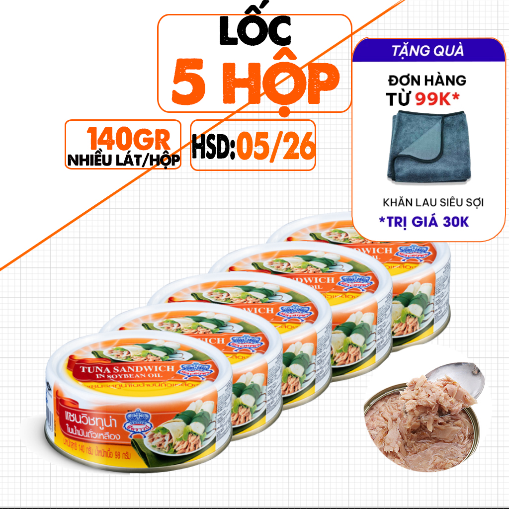 Lốc 5 Hộp Cá Ngừ Xắt Lát Mỏng Ngâm Dầu Đậu Nành Seacrown, Nhập Thái, Lon 140g, Vị Thơm, Bùi, Dùng Ăn Liền, Date 05/2026