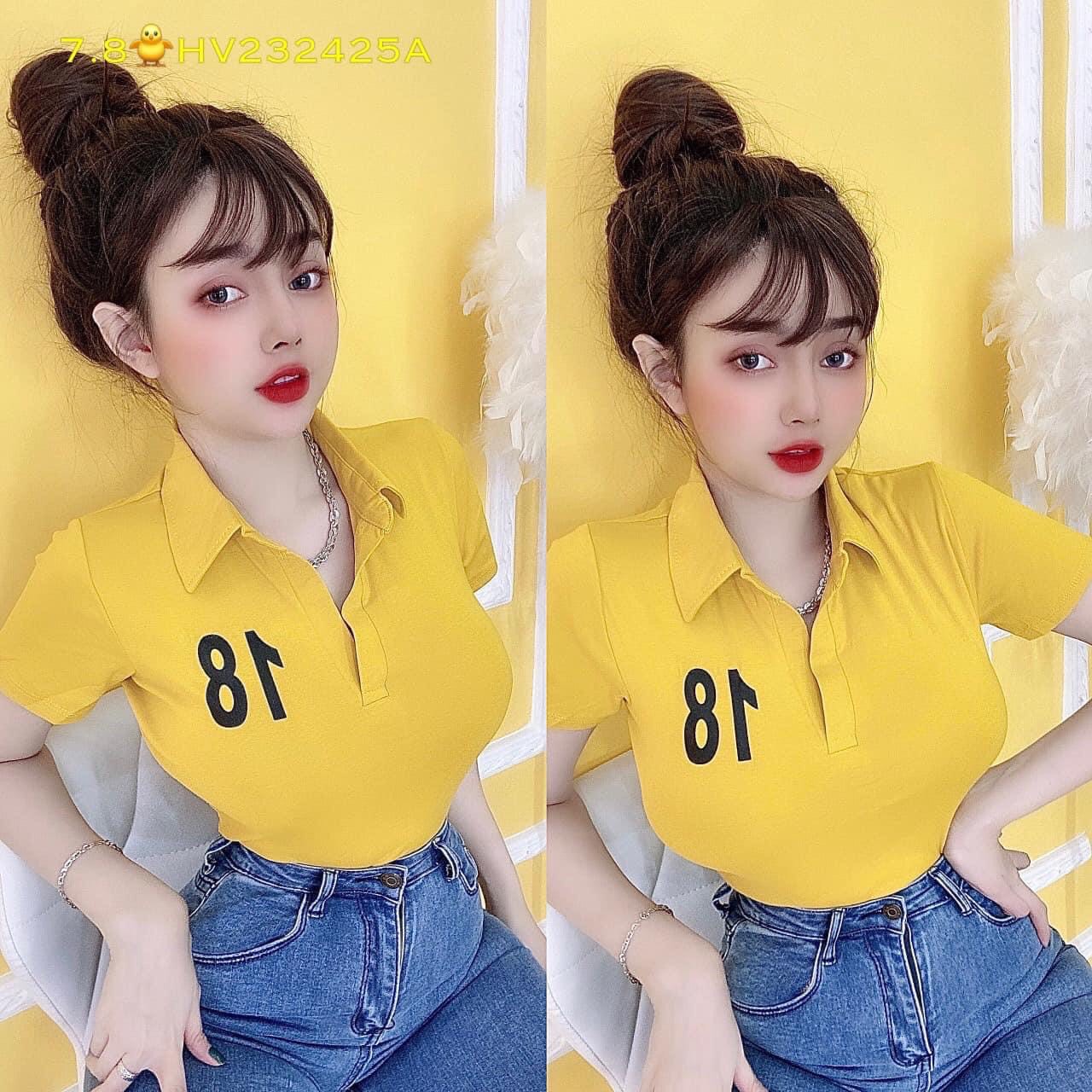 Áo Thun Cổ Đức In Số 18, Áo Thun Nữ Cổ Bẻ Cá Tính, Áo Thun Polo Nữ AT78