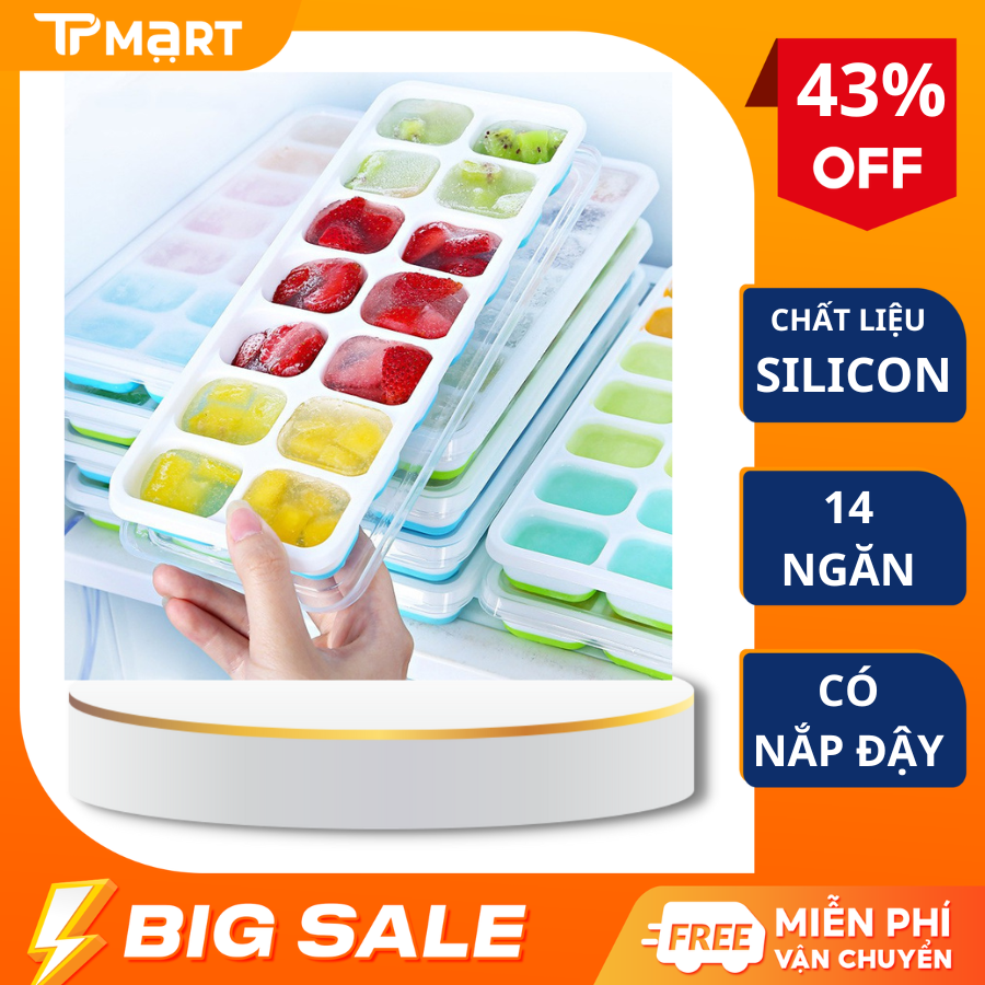 Khay làm đá silicon 14 ngăn, Khay làm đá viên có nắp, Khay làm nước đá