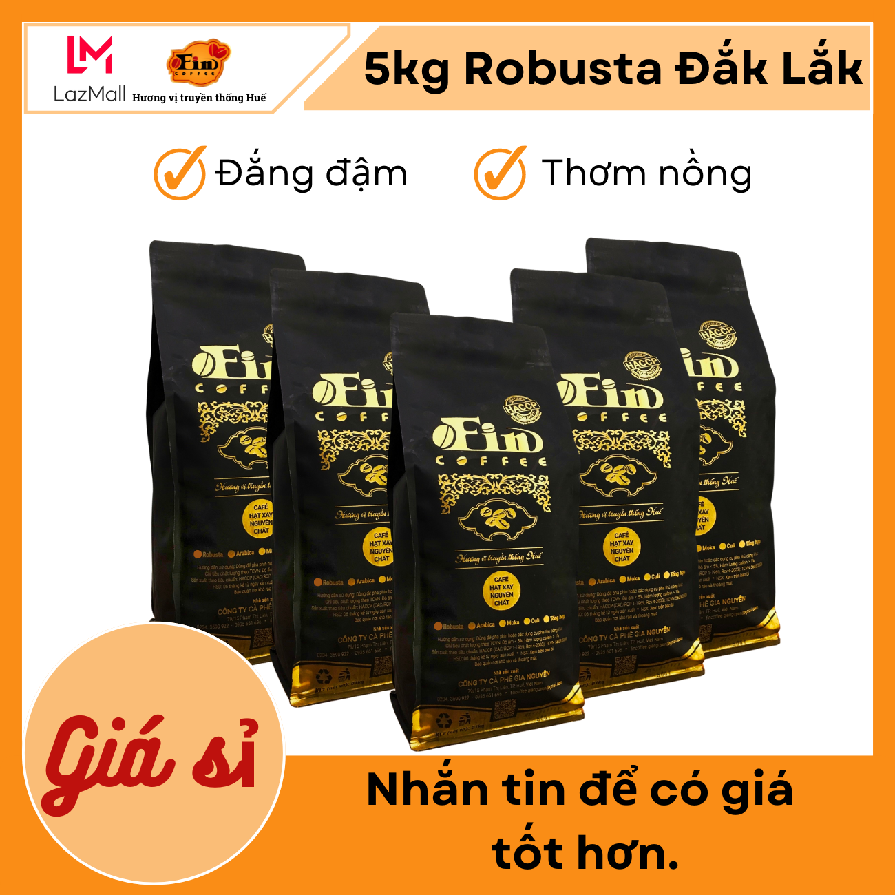 5kg, Cà phê rang xay nguyên chất Robusta từ FIN COFFEE, đậm đà, thơm nồng, cà phê nguyên chất đạt chứng nhận ATTP.