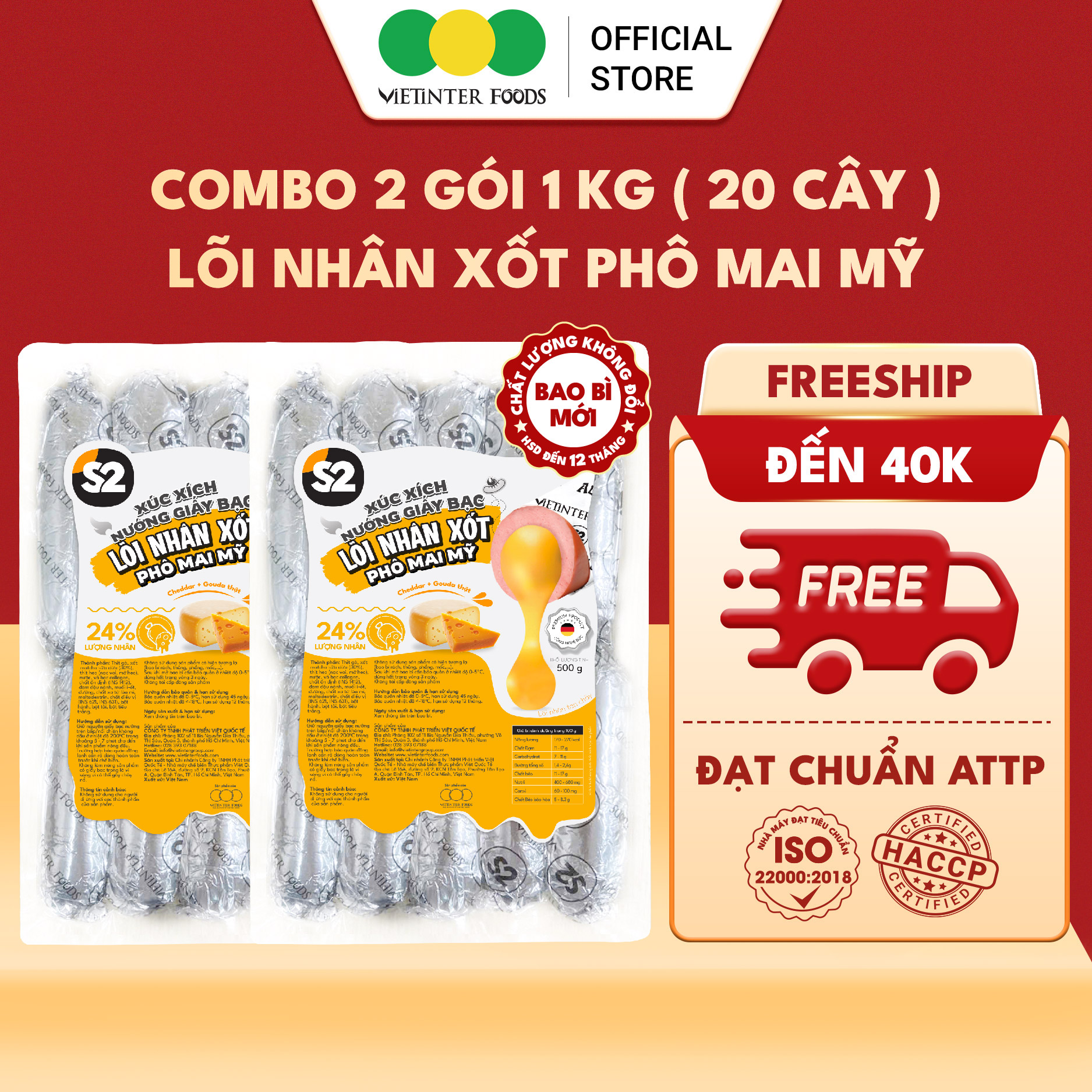 Combo 2 Gói Xúc Xích Nướng Giấy Bạc S2 Vietinter Foods Lõi Nhân Xốt Phô Mai Mỹ