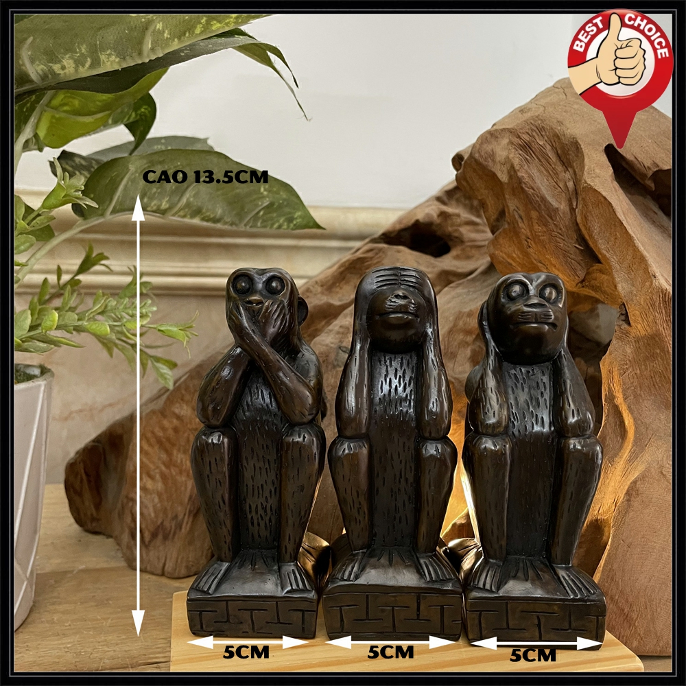 Bộ tượng 3 khỉ tam không - Tượng đá trang trí bộ ba khỉ tam không - Cỡ lớn Cao 13.5cm - Màu nâu đen