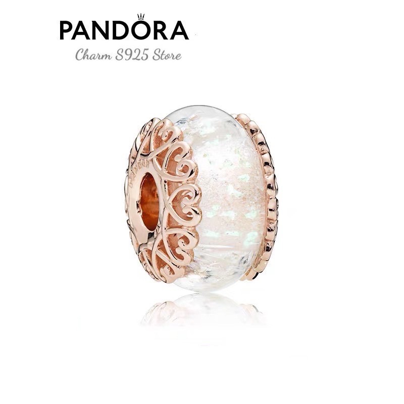 Charm pan thuỷ tinh ốp hoa tim vàng hồng bạc s925
