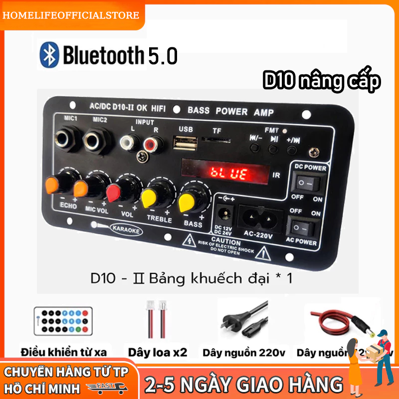 Mạch Loa D10 Bluetooth 5.0 Công Suất 120W - Hỗ Trợ Karaoke, Đa Điện Áp 12V/24V/220V, Lắp Loa Kéo/Xe Đẩy (Tặng Full Phụ Kiện + Remote)