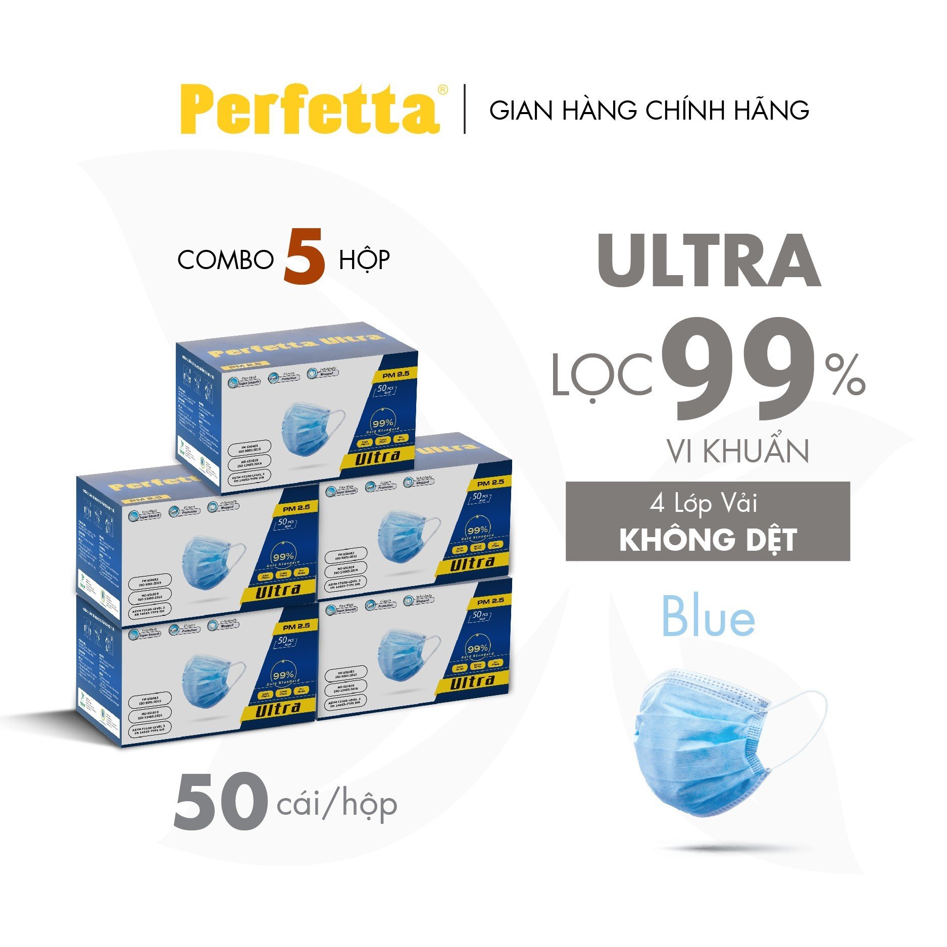 Combo 5 hộp khẩu trang y tế 4 lớp perfetta ultra xuất khẩu
