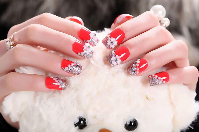 Bộ 24 móng tay giả đỏ nhũ đá