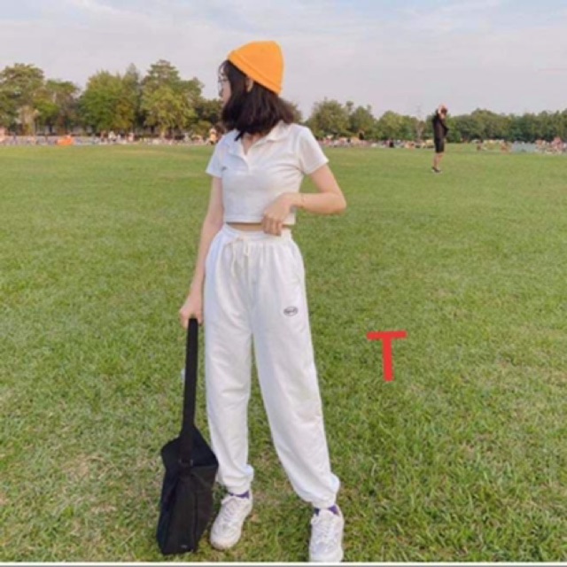 Sét áo POLO CROPTOP + quần spun , Áo thun nam nữ, quần kaki, quần nữ, sét bộ mặc ở nhà, áo thun tay dài, quần jean ống rộng - LEEDA