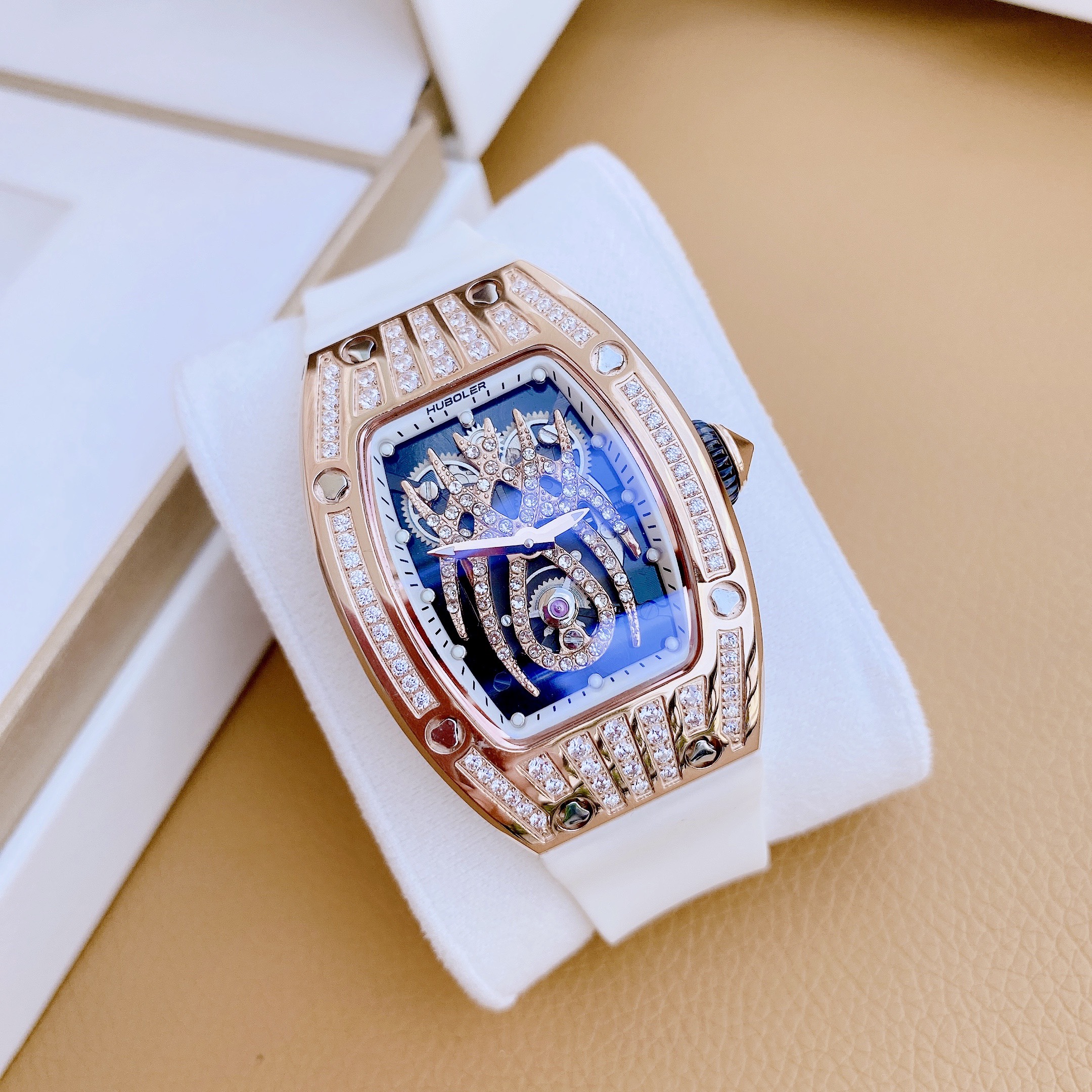 [HCM]Đồng Hồ Huboler Nữ Dây Da Silicon Trắng Mặt Nhện Rose Gold Chính Hãng 31x42mm