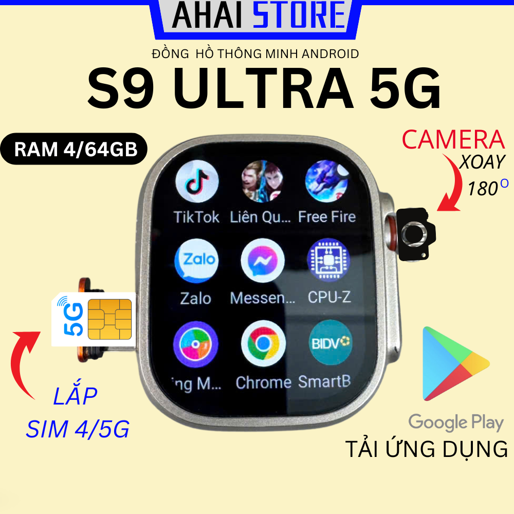 Đồng hồ S9 ULTRA Ram 4/64GB lắp sim nghe gọi đôc lập camera xoay 180 độ tai ứng dụng chơi game lướt mạng xã hội AHAI STORE