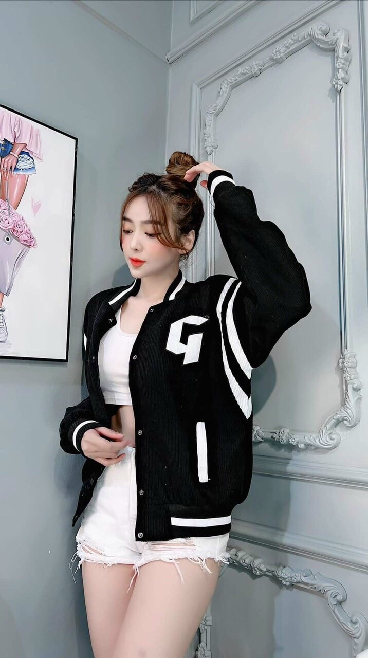 Áo khoác nhung tăm bomber G sọc vai cá tính, áo khoác bóng chày form rộng cá tính TP257