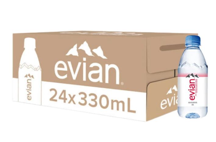 Thùng 24 chai nước khoáng thiên nhiên Evian Pháp 330ml (330ml x 24). Xuất xứ Pháp