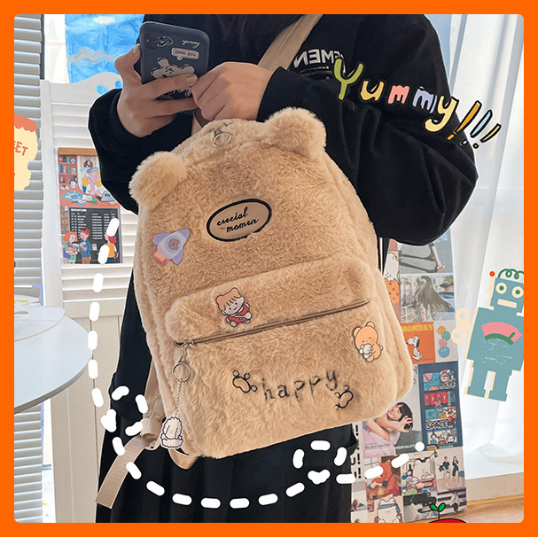 Balo đi học tai gấu Happy đáng yêu, cặp sách cute vải lông cao cấp thời trang Hàn Quốc