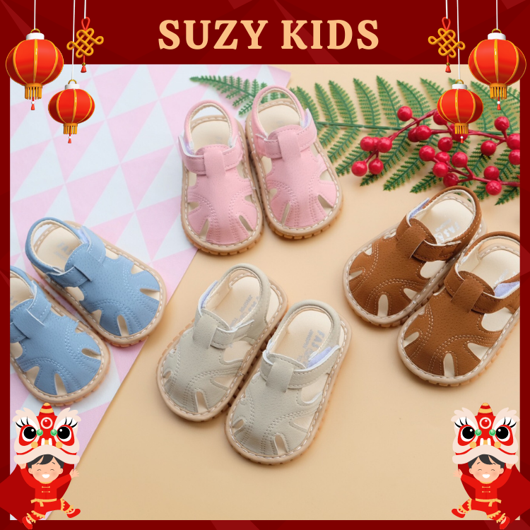 [HCM]Dép Tập Đi Cho Bé Có Tiếng Kêu Chít Chít Chất Da Êm Mềm Đế Chống Trơn Trượt ( Xanh Xám Hồng Da Bò)