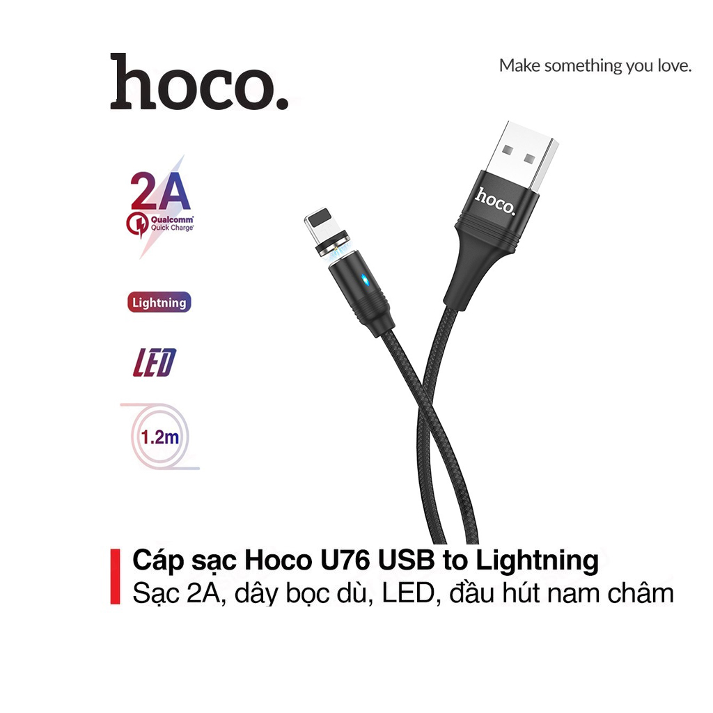 Cáp sạc nhanh 2A Hoco U76 Lightning đầu sạc nam châm tích hợp đèn Led dài 1.2M cho iPhone/iPad