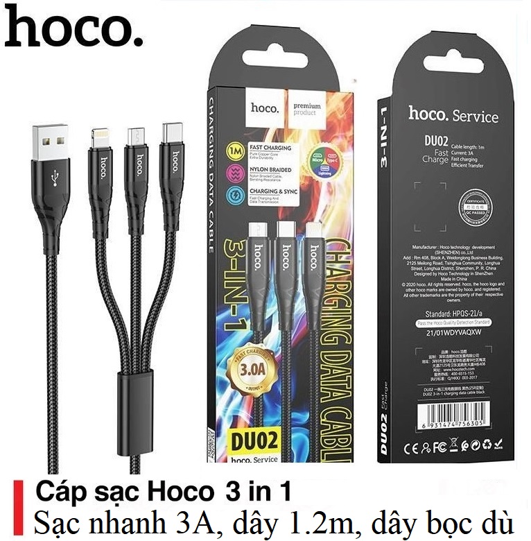 Cáp sạc nhanh 3in1 TypeC/Lightning/Micro Hoco DU02, Hỗ trợ sạc nhanh, dây dù, chống gẫy gập, dài 1.2m