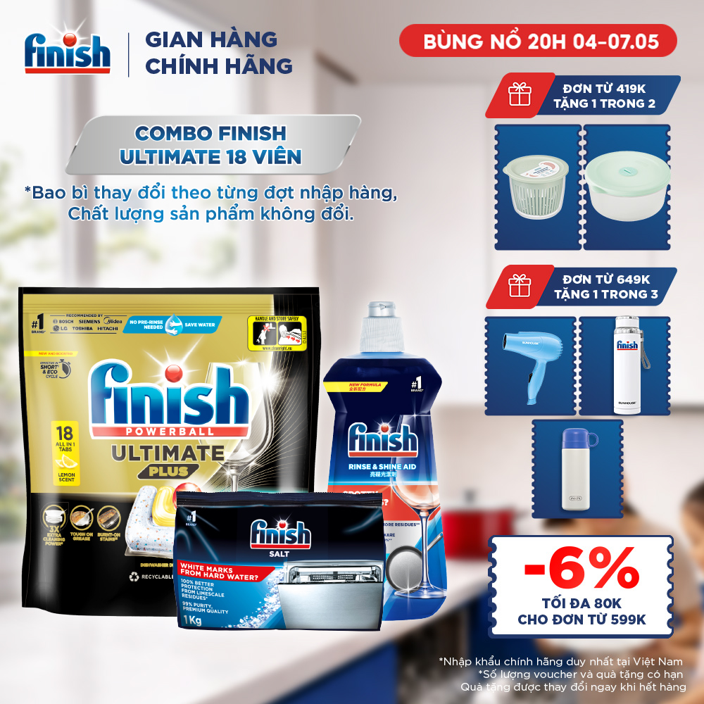Combo Finish: Viên rửa chén Ultimate 18 viên + Nước làm bóng 500ml + Muối rửa chén 1kg