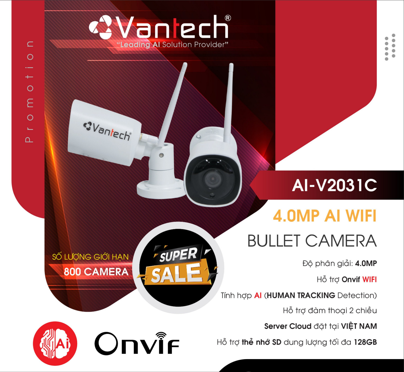 Camera wifi phát hiện cảnh báo đối tượng 4.0 megapixel vantech ai-v2031c + thẻ 32gb chính hãng