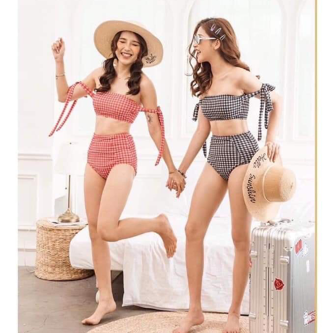 Đồ bơi Bikini 2 mảnh quần cạp cao trễ vai caro