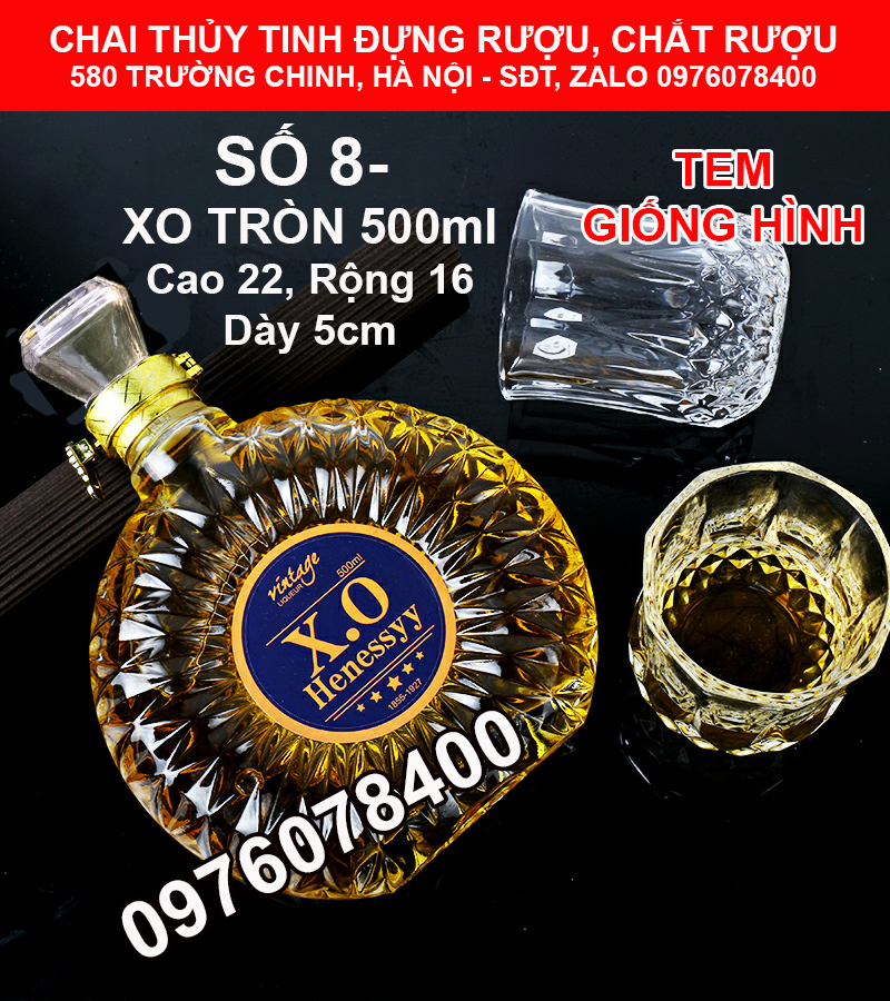 Vỏ chai thủy tinh xo đựng rượu 500ml, bình ngâm rượu 500ml, chai đựng rượu xo tròn cao cấp, hàng loại 1