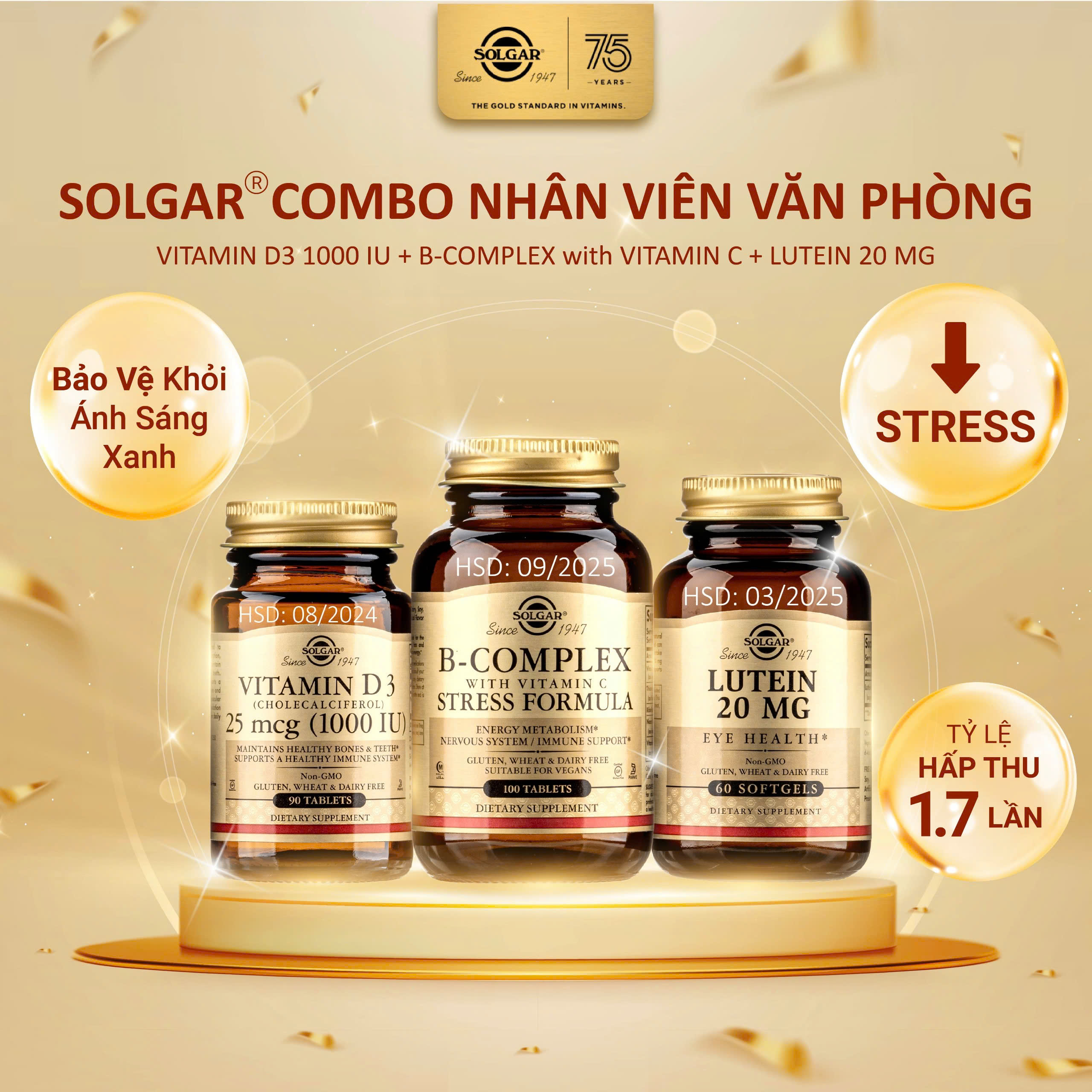 Combo nhân viên văn phòng - solgar vitamin d3 + vitamin b complex with c + lutein giảm stress, ngăn ánh sáng xanh