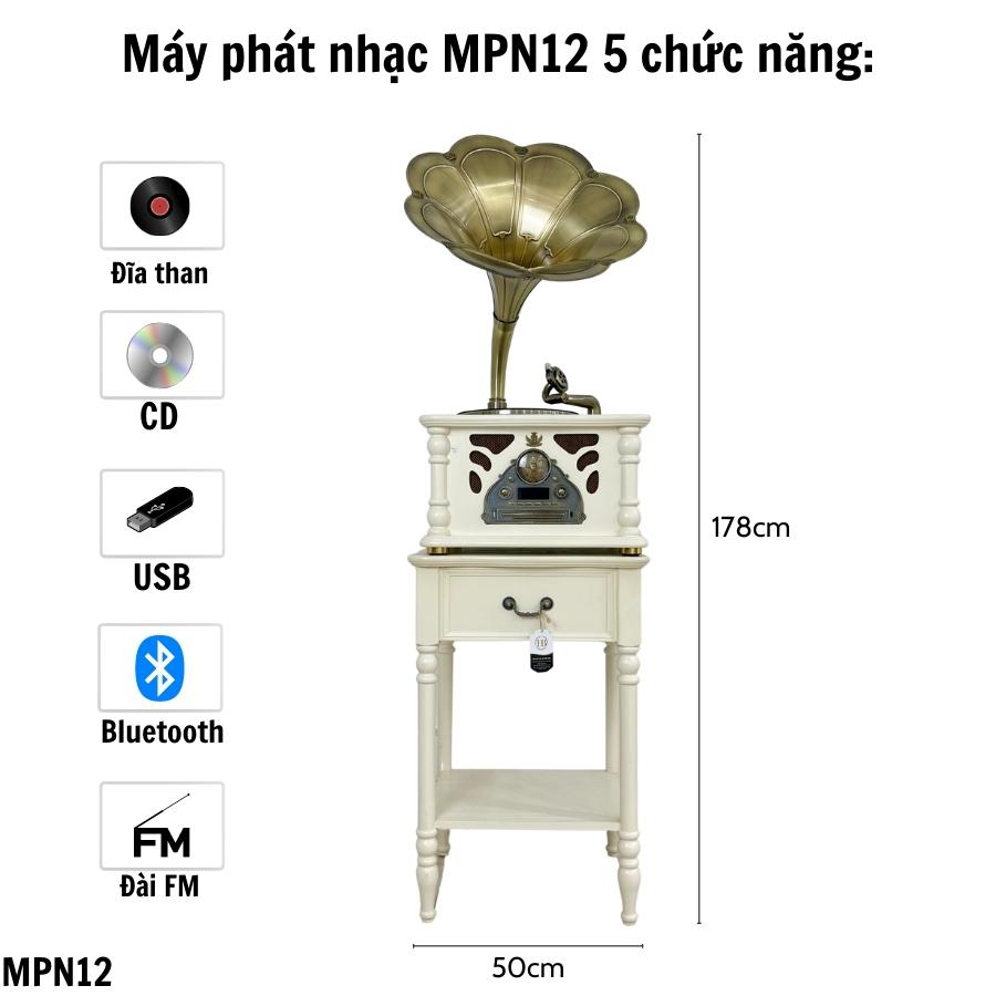 MÁY PHÁT NHẠC LOA KÈN ĐỒNG MPN12 cao cấp nghe nhạc đĩa than, đĩa CD, DVD, USB, Bluetooth và đài AM-FM (máy hát nhạc loa kèn Châu Âu Cổ Điển) chiều cao từ chân máy tới kèn 168cm