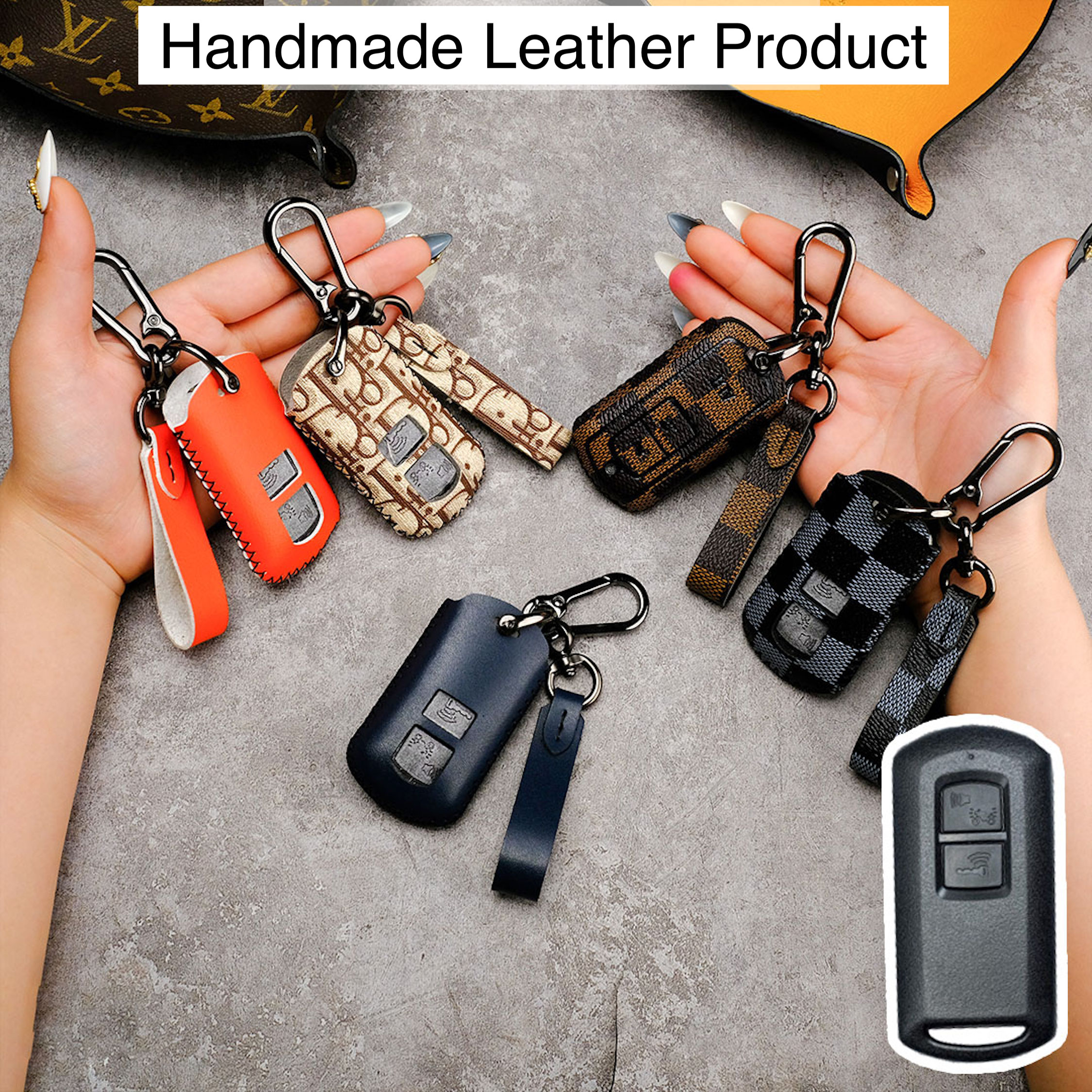 Bao da bọc chìa khóa smartkey xe máy Honda Air Blade Vision 2019-2020 Lead Vario 150 Scoopy Click khâu tay móc đen có dây tay cầm AB