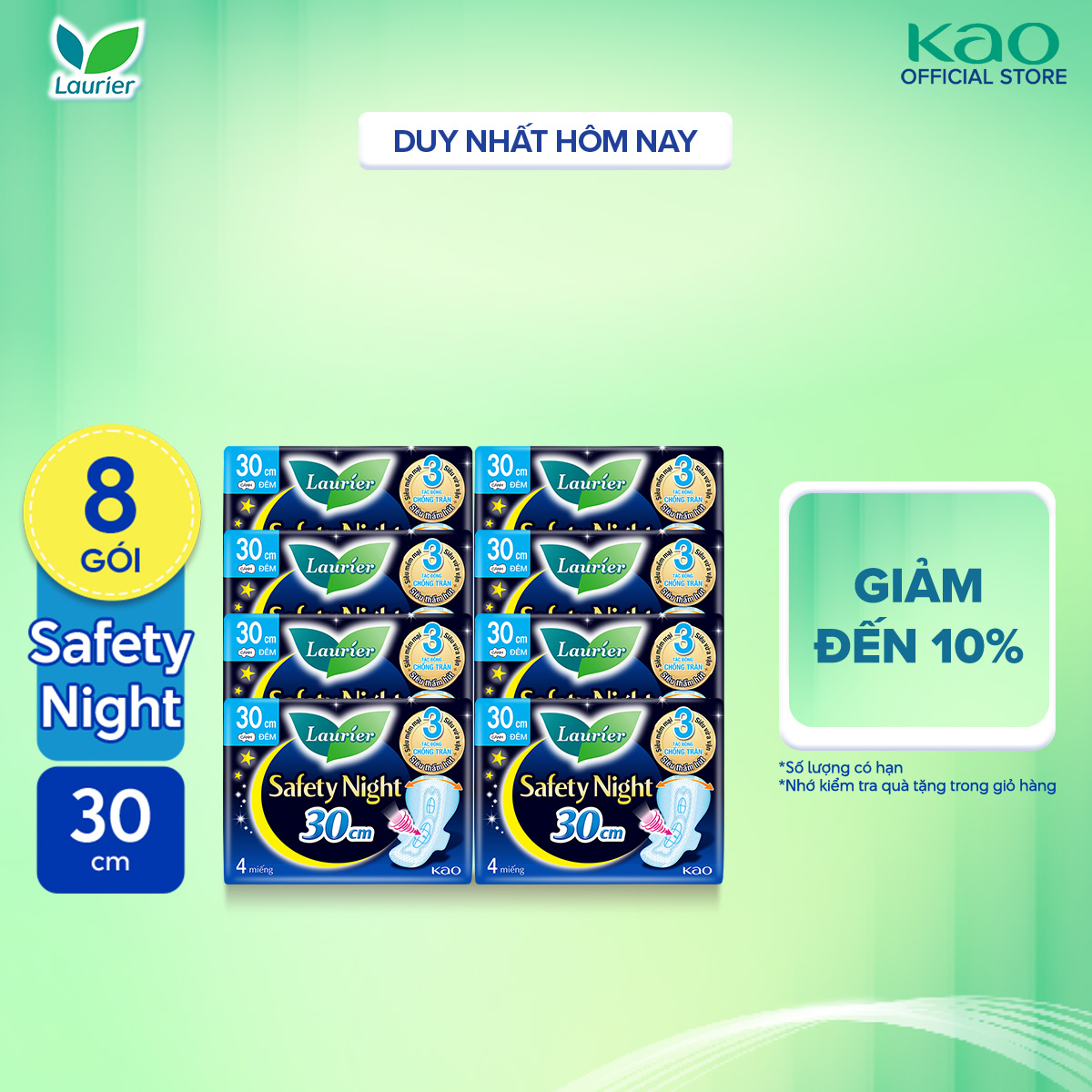 Combo 8 gói Băng vệ sinh Laurier Safety Night Đêm Siêu An Toàn 30cm 4 miếng