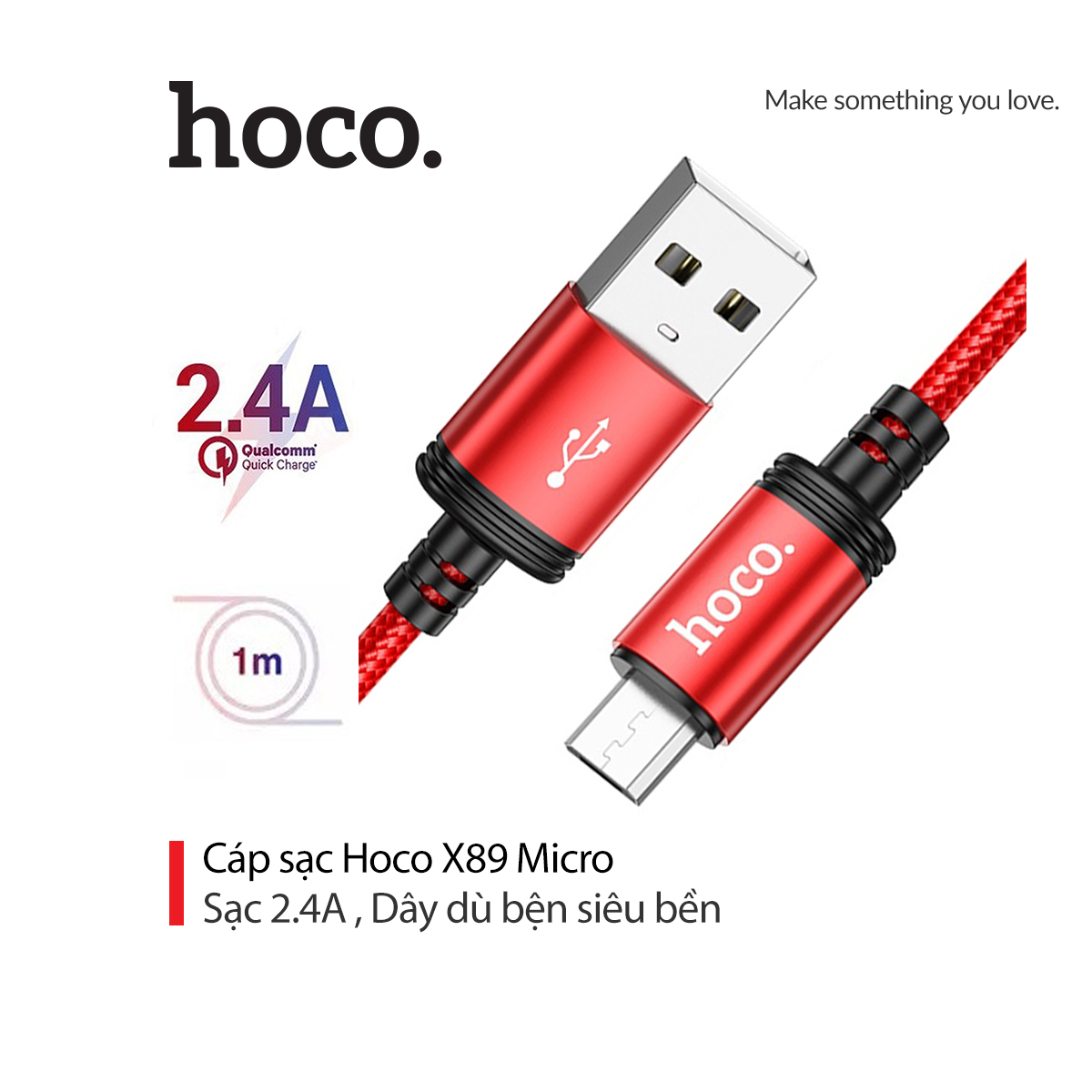 Cáp sạc 2.4a hoco x89 micro vải dù bện siêu bền dài 1m cho android