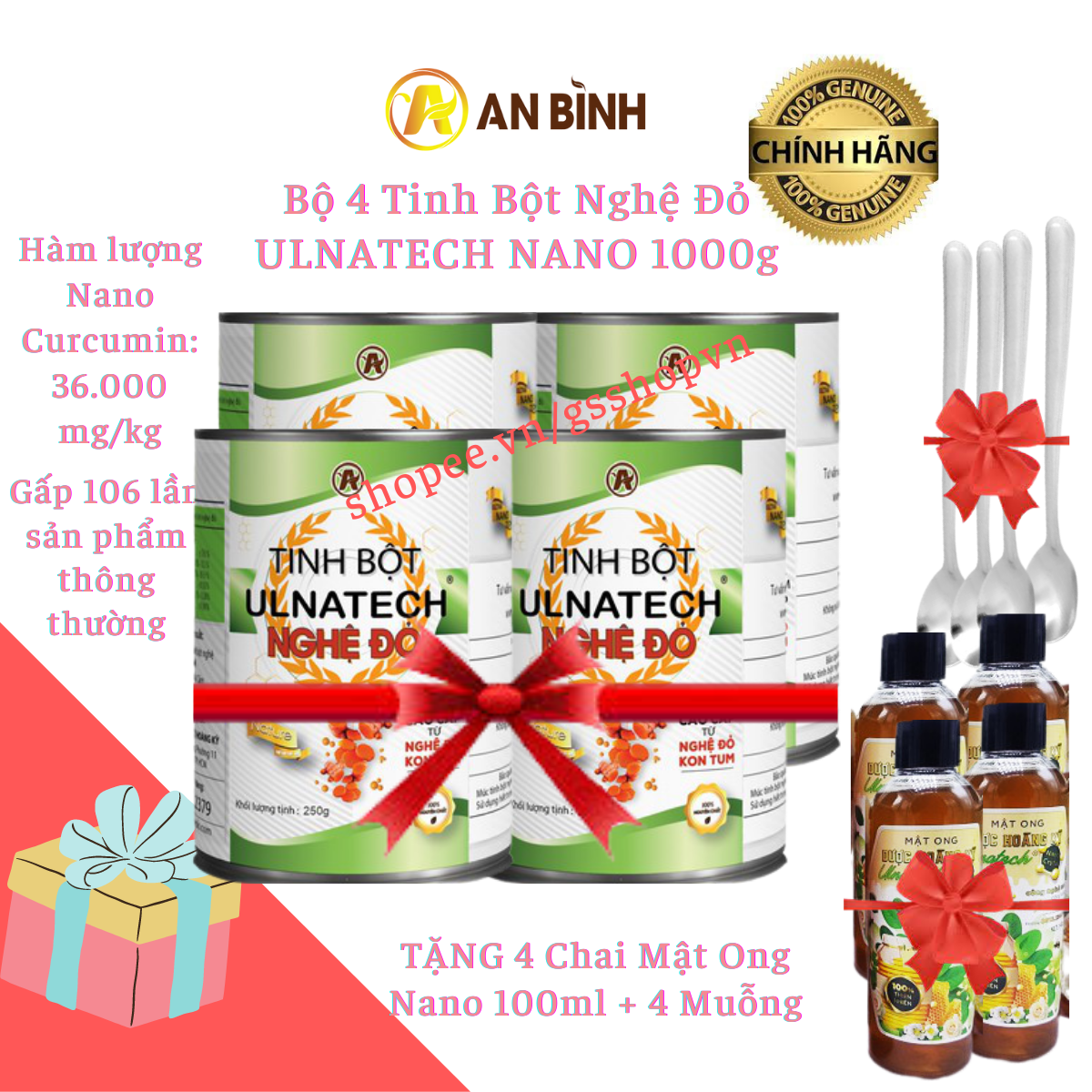  Combo 4 Hộp Tinh Bột Nghệ Đỏ ULNATECH NANO 1000g An Bình Curcumin Siêu Cao Tặng 4 Chai Mật Ong Tặng 4 Muỗng 