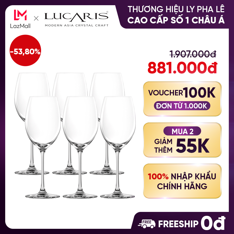 Bộ 6 ly uống rượu vang trắng pha lê cao cấp lucaris chardonnay 355ml nhập khẩu chính hãng độ bền cao - bangkok s01cd13