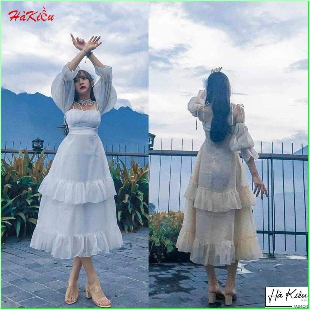 Đầm maxi trắng đi biển dự tiệc công chúa tiểu thư trễ vai xòe tầng bẹt vai sống ảo siêu xinh Hà Kiều MSP374