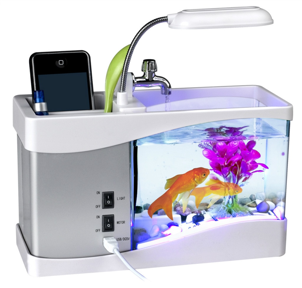 Bể cá thủy sinh, bể cá cảnh mini để bàn, kiêm đồng hồ báo thức, có vòi nước chảy róc rách và màn hình siêu thông minh