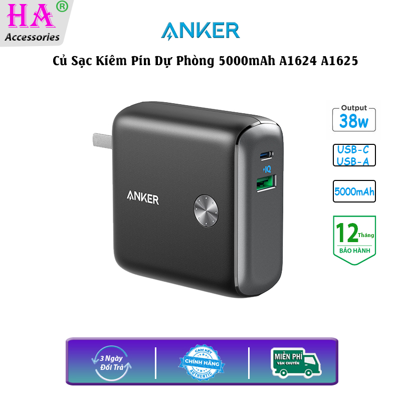Củ sạc kiêm pin dự phòng anker fusion a1624 a1625 5000mah 1 usb-c pd , 1 cổng usb-a sạc nhanh iphone