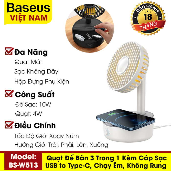 [BẢO HÀNH 18 THÁNG] Quạt để bàn Baseus tích hợp đế sạc không dây công suất 10W, chạy êm không rung lắc