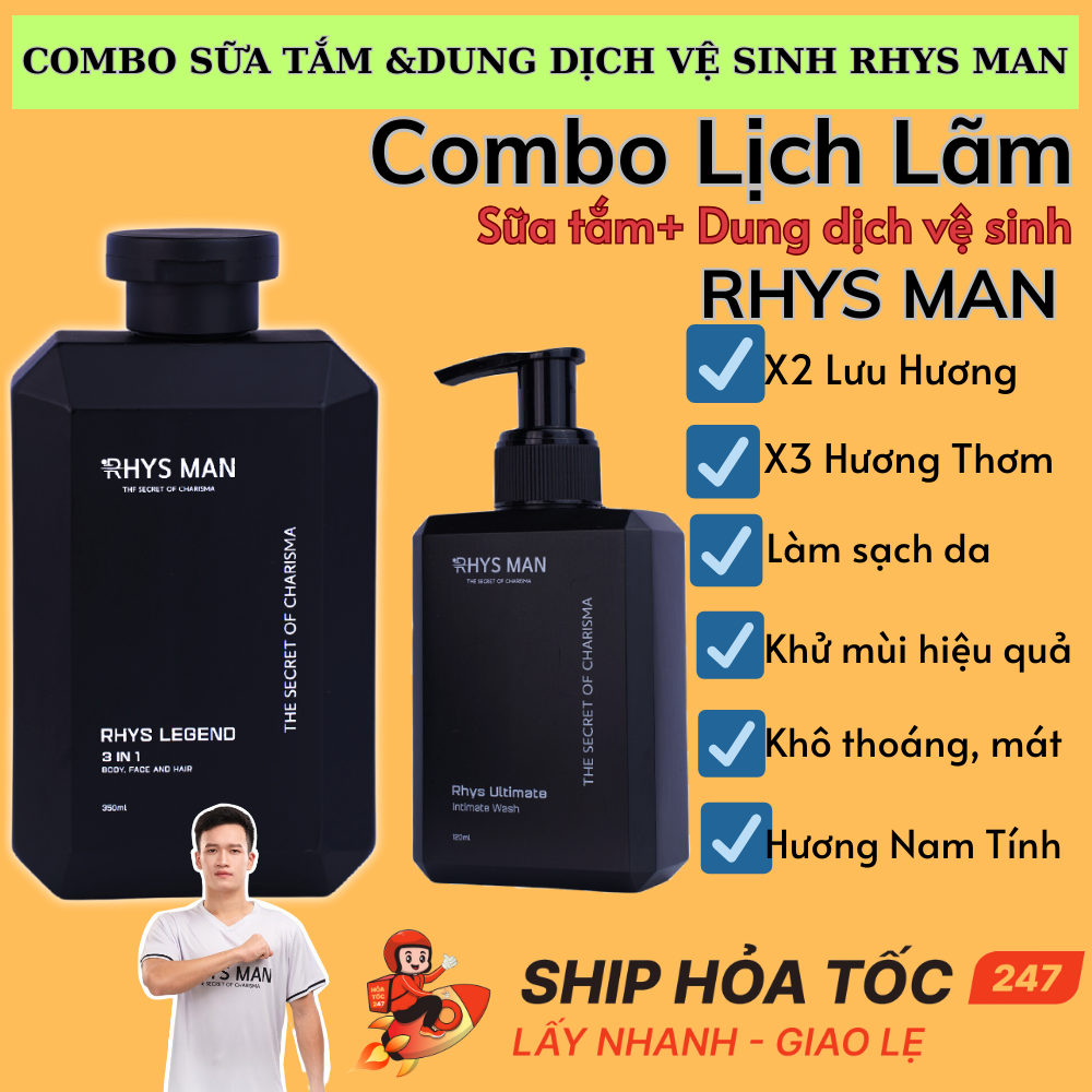 Sữa tắm gội nam 3in1 Rhys Man 350ml & Dung dịch vệ sinh nam bạc hà 120ml Rhys Ultimate RHYSMAN