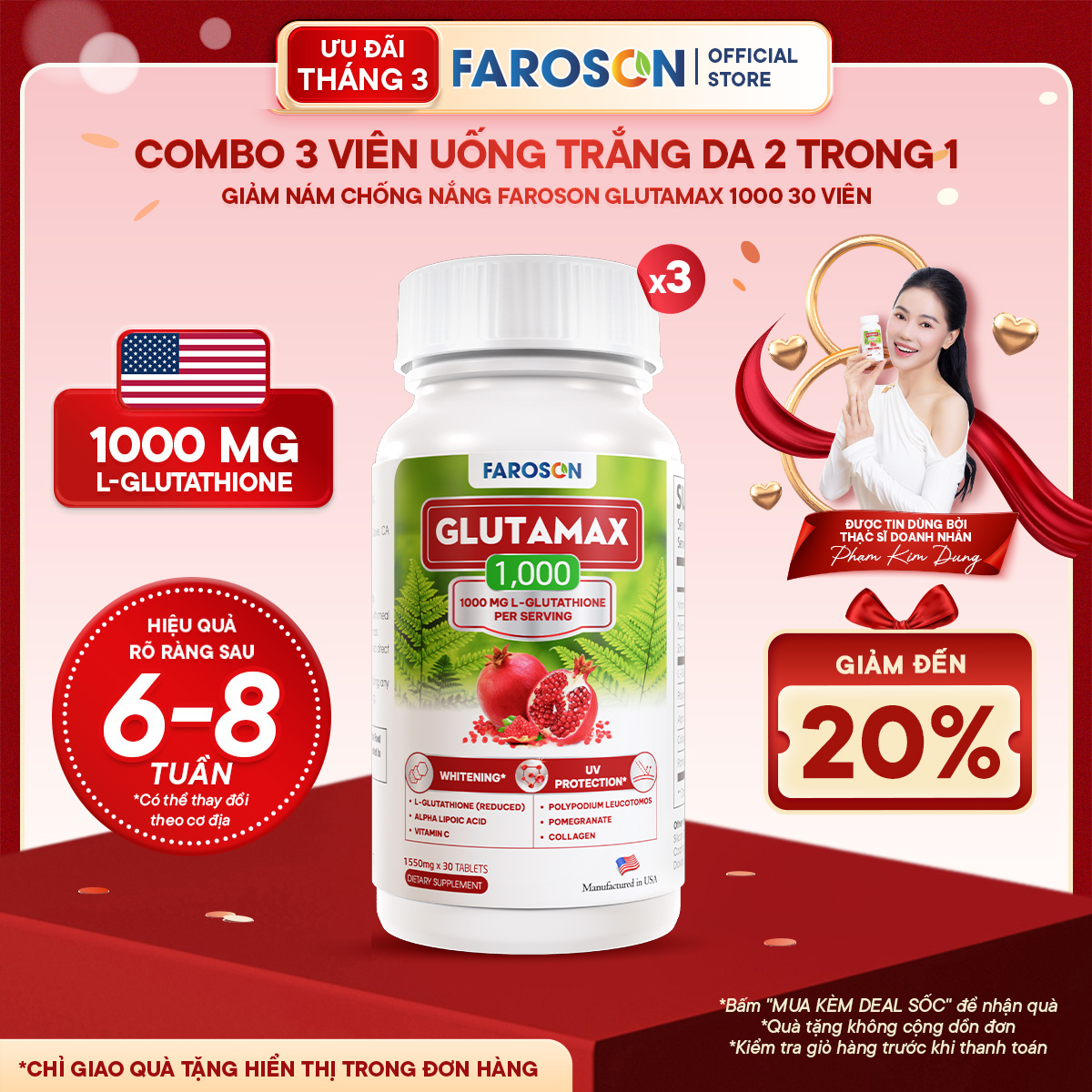 [3Hộp] Viên Uống Trắng Da Glutathione Faroson Glutamax 1000 Trắng Da Mờ Thâm Nám Chống Nắng [3hx30v]