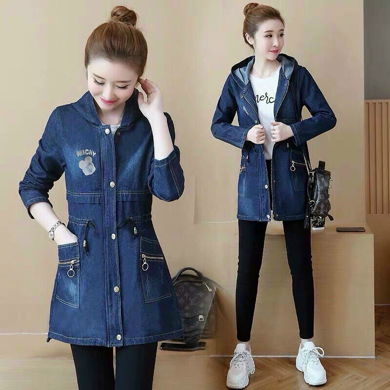 Áo khoác nữ áo khoác jean nữ áo khoác bò from dài đẹp thêu chử có nón mũ có size M,L