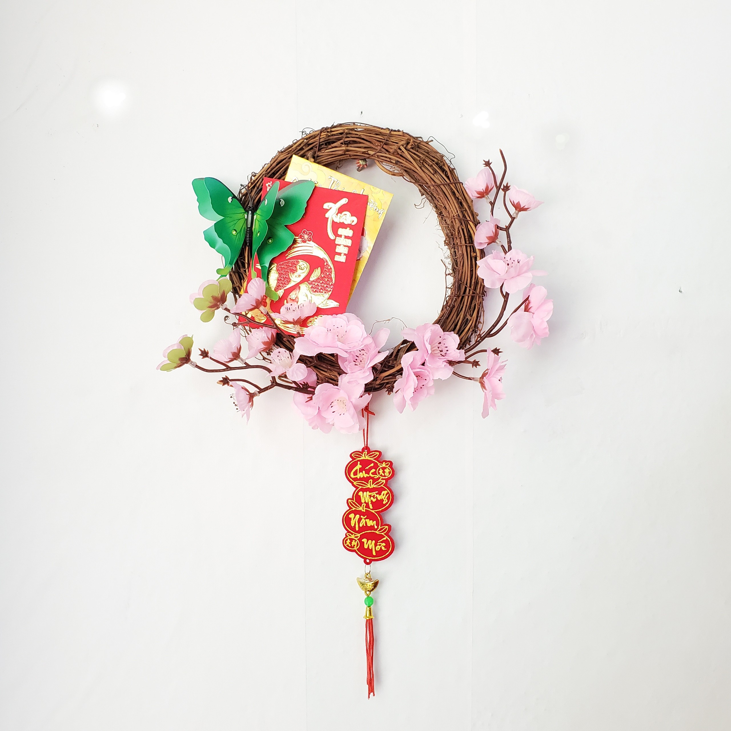 Vòng hoa mai đào trang trí tết size nhỏ 20cm