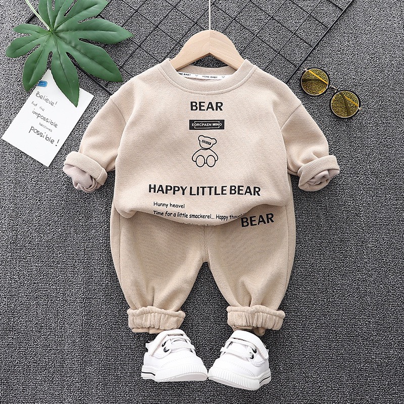Đồ Bộ Tay Dài Mùa Đông Lót Bông In Hình Gấu Cho Bé Trai 12-22Kg, Set Đồ Ấm Vải Nỉ Thu Đông Cho Bé Trai HANNAH KIDS