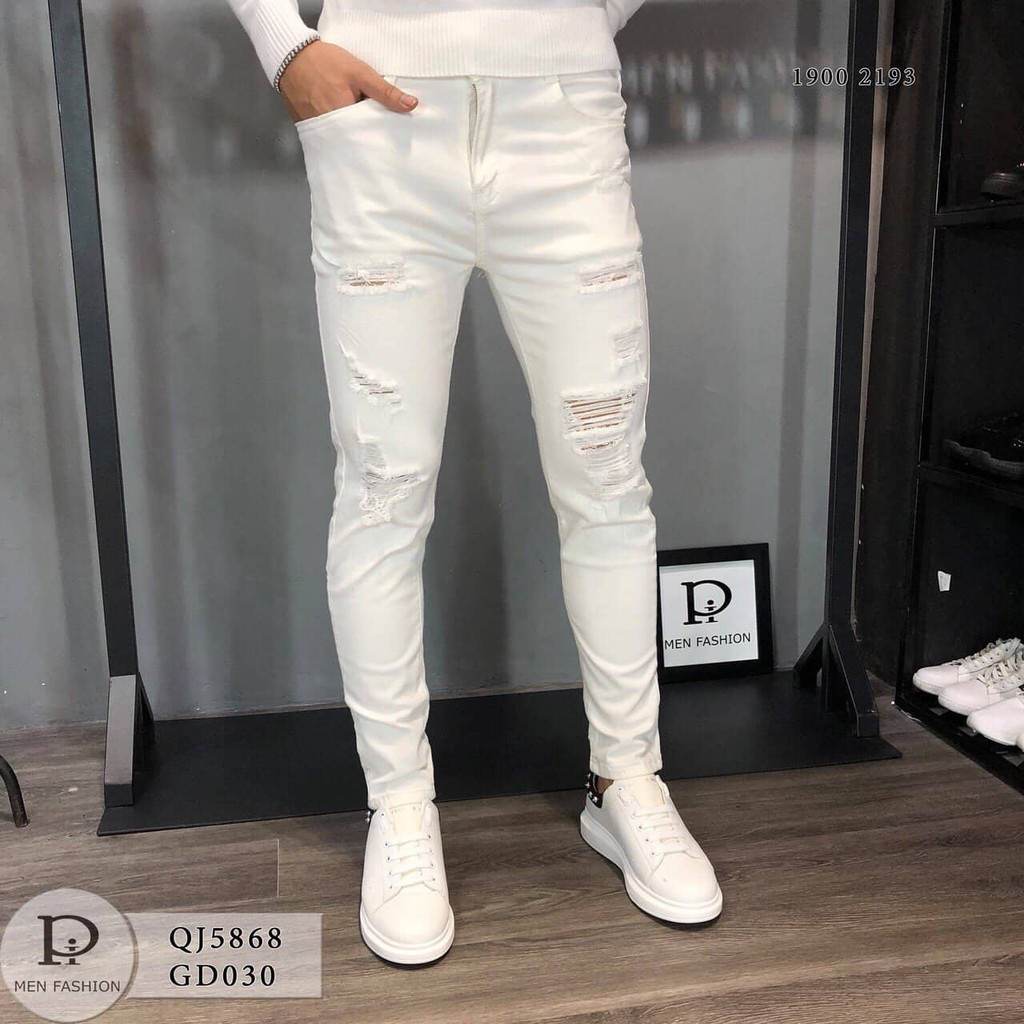 Quần jean nam trắng đen rách kiểu - quần bò nam - quần nam rách thời trang cao cấp