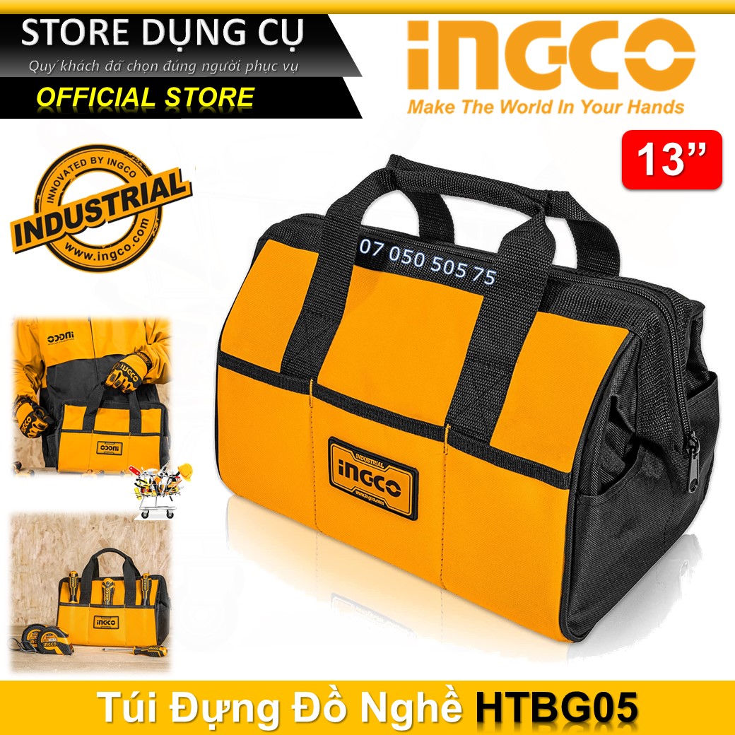 Túi đựng đồ nghề sách tay INGCO HTBG05 13" giỏ đựng dụng cụ phụ kiện polyester 600D có khoá cài siêu bền chắc form đứng